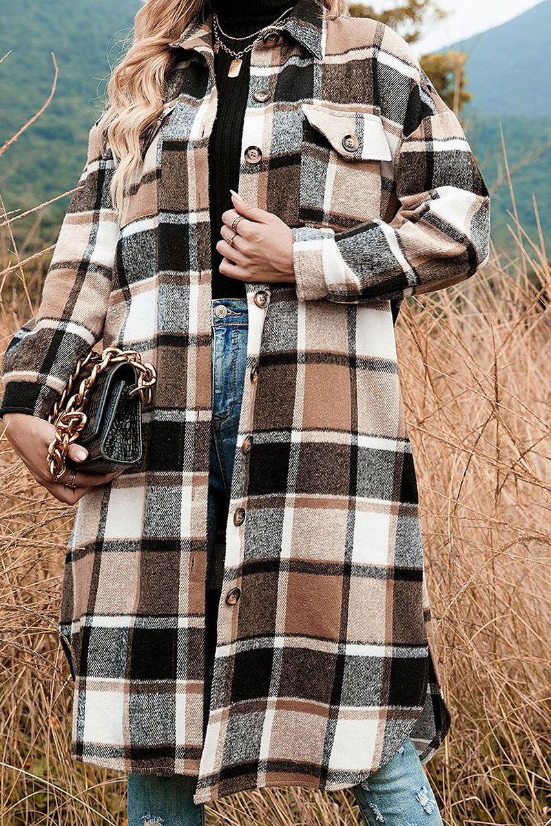 Casual Plaid Patchwork Pocket Buckle Turndown Collar Outerwear