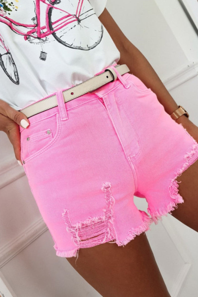 White Solid Color Distressed Denim Shorts