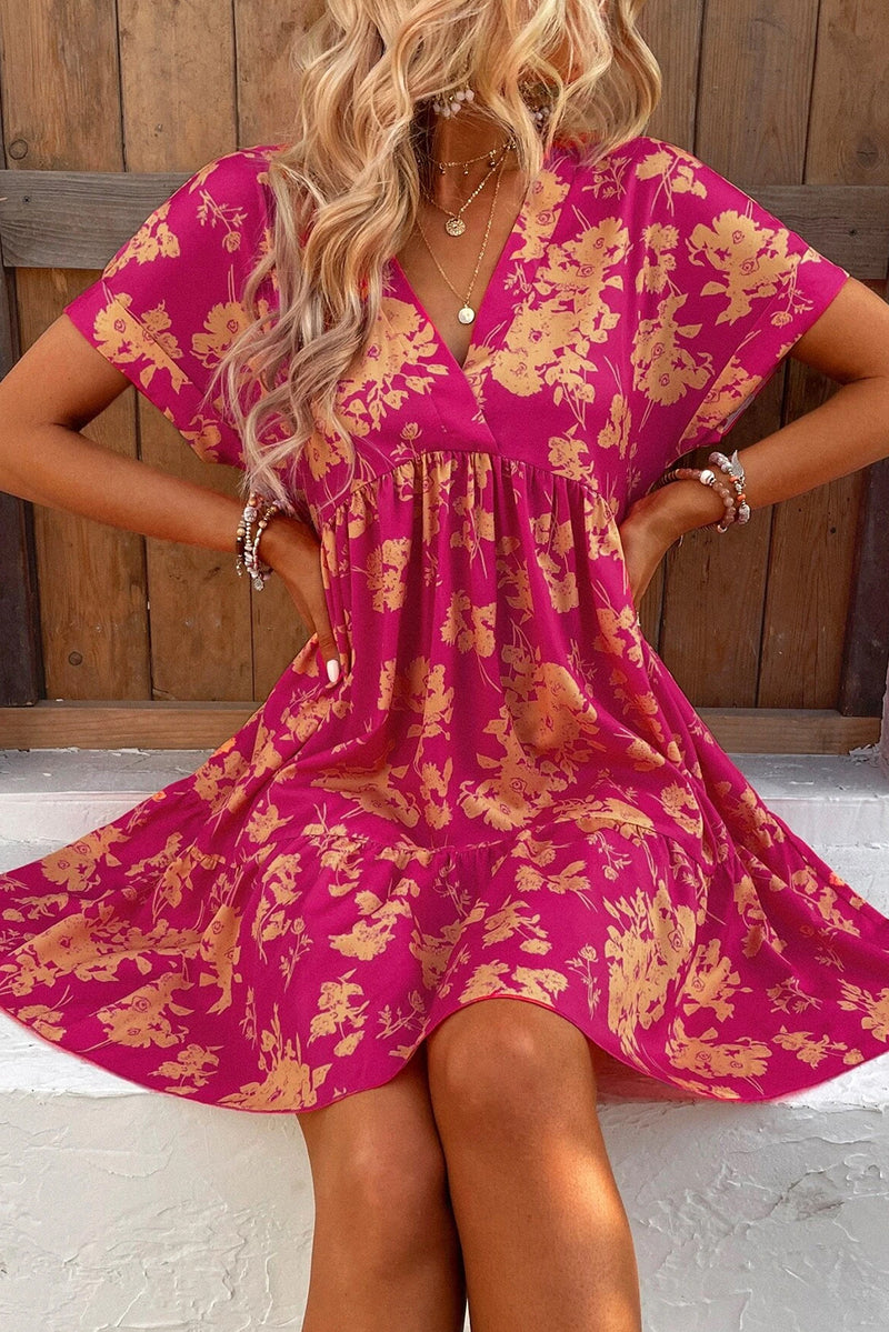 Rose Floral Print Batwing Sleeve Smock Dress