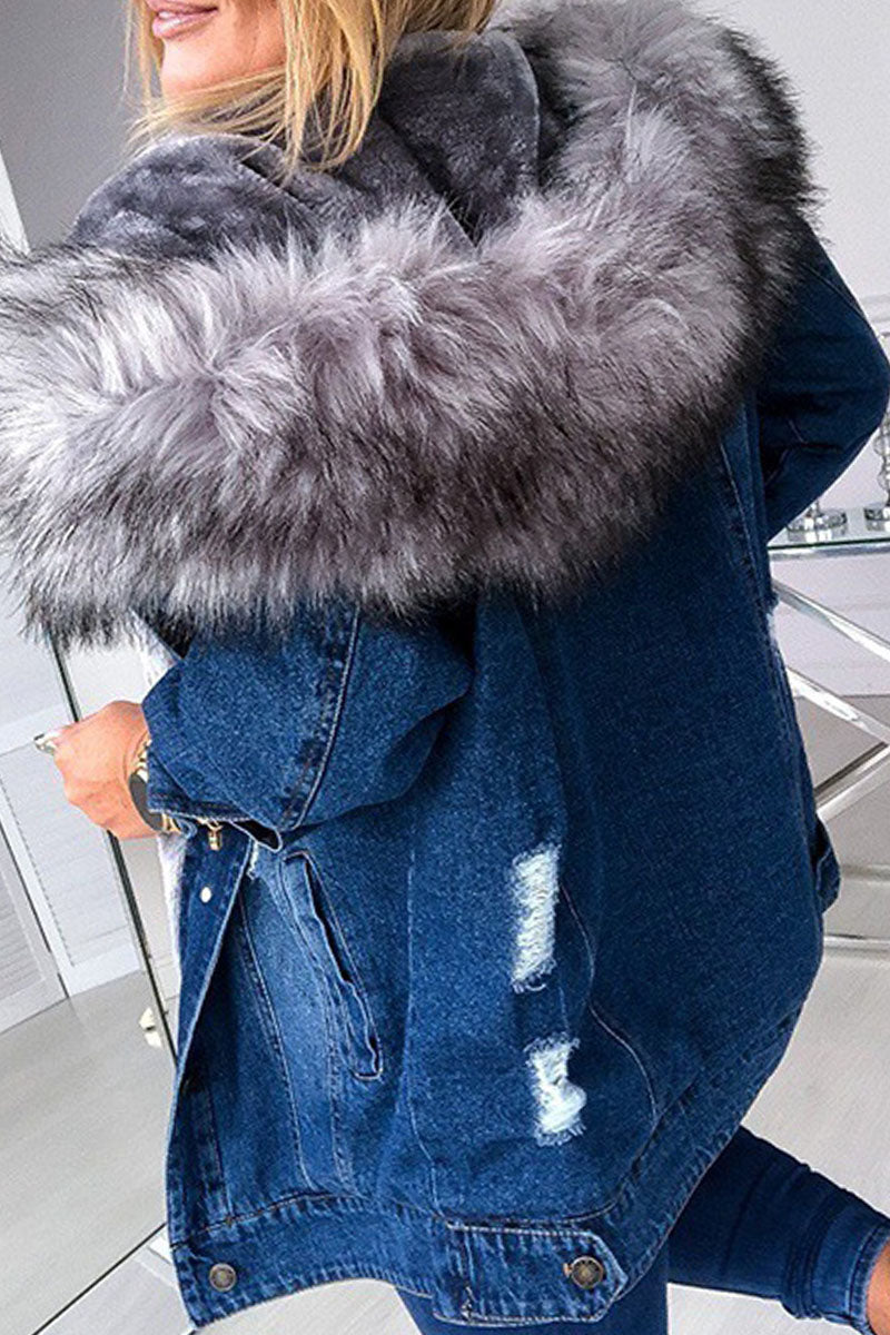 Buckle Hooded Collar Long Sleeve Straight Denim Jacket