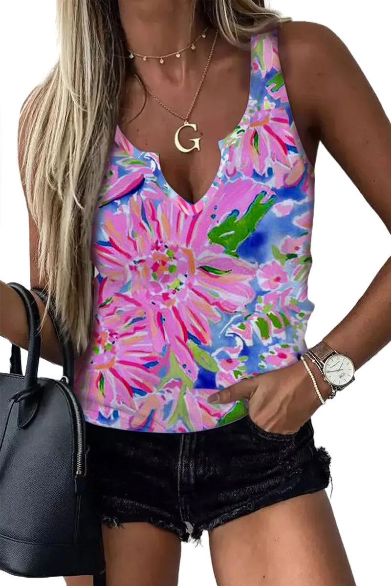 Pink Abstract Floral Print Notch V Neck Rolled Short Sleeve Blouse