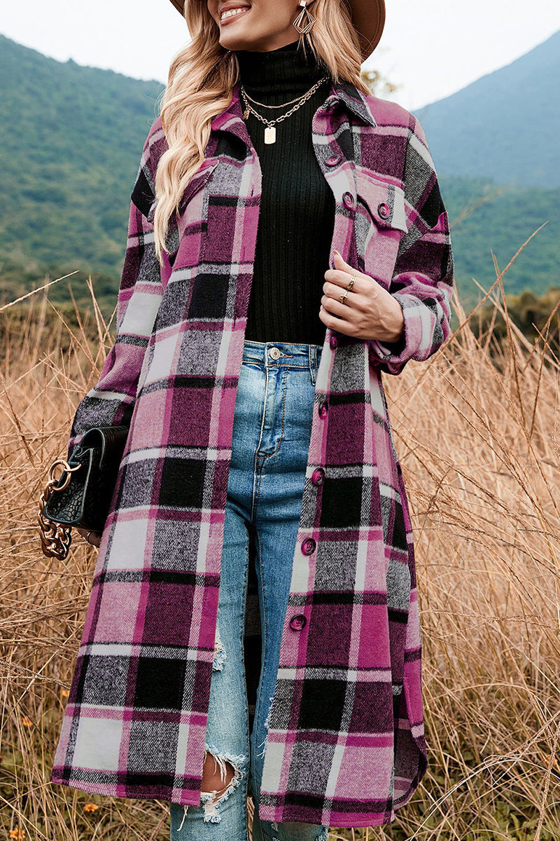 Casual Plaid Patchwork Pocket Buckle Turndown Collar Outerwear