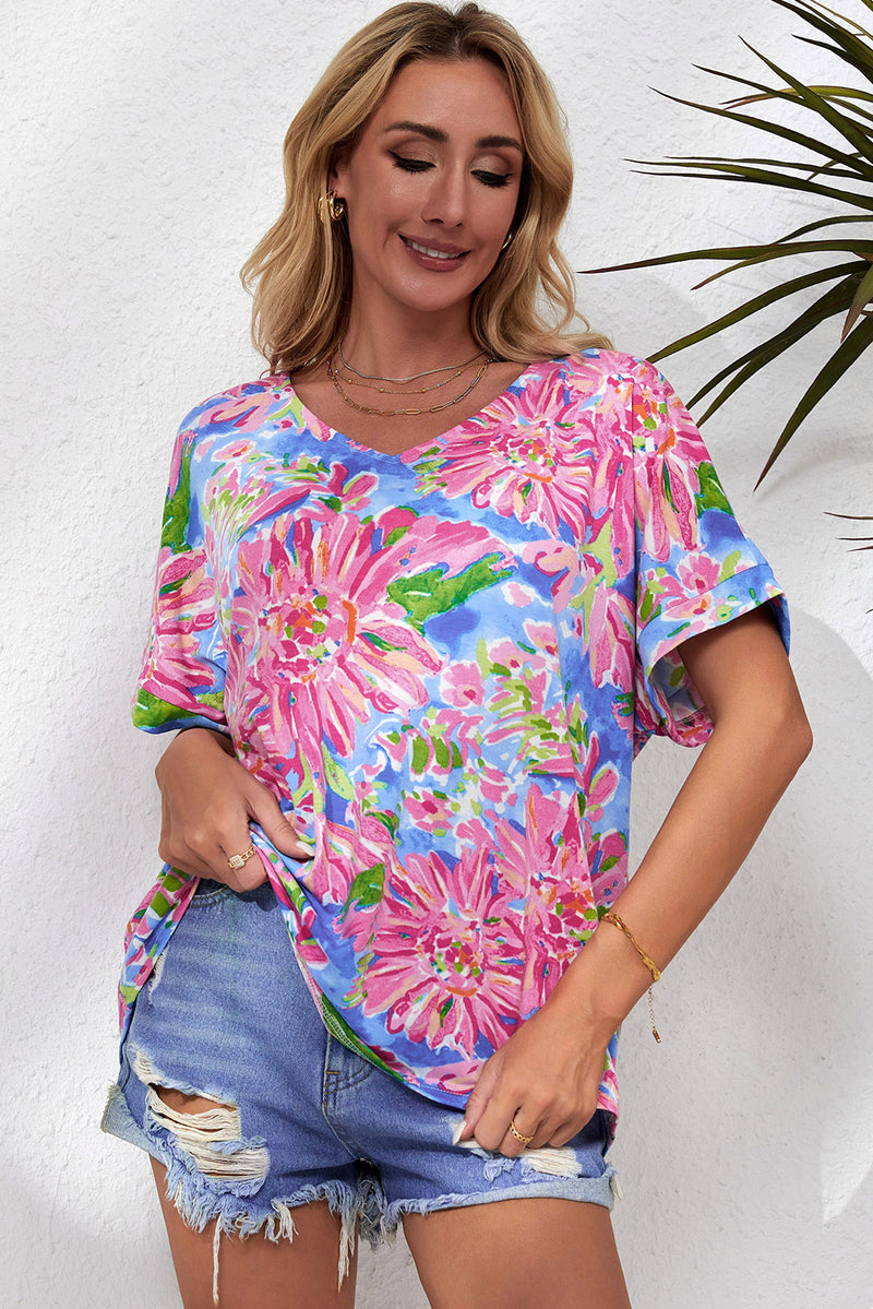 Pink Abstract Floral Print Notch V Neck Rolled Short Sleeve Blouse