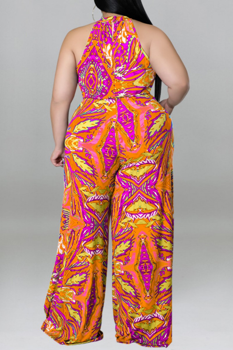 Print With Belt O Neck Plus Size Jumpsuits - AnnieMae21