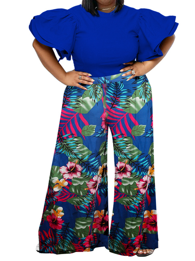 Plus Size Round Neck Top Printing Suit Long Pants - AnnieMae21