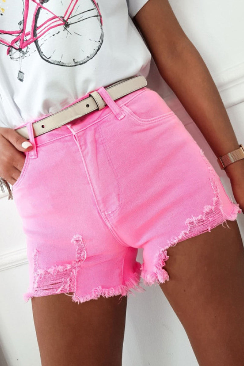 White Solid Color Distressed Denim Shorts