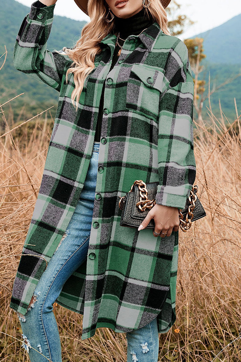 Casual Plaid Patchwork Pocket Buckle Turndown Collar Outerwear