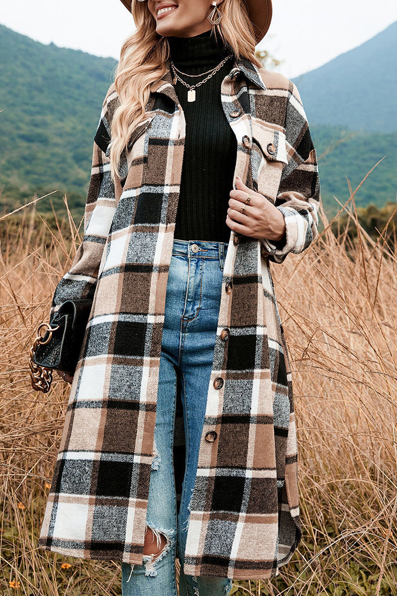 Casual Plaid Patchwork Pocket Buckle Turndown Collar Outerwear