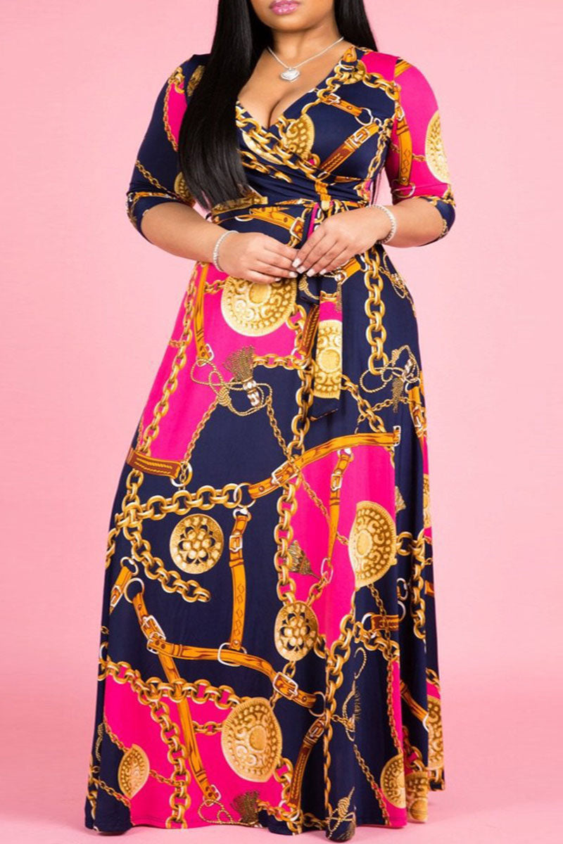 Print patchwork V Neck Straight Plus Size Dresses