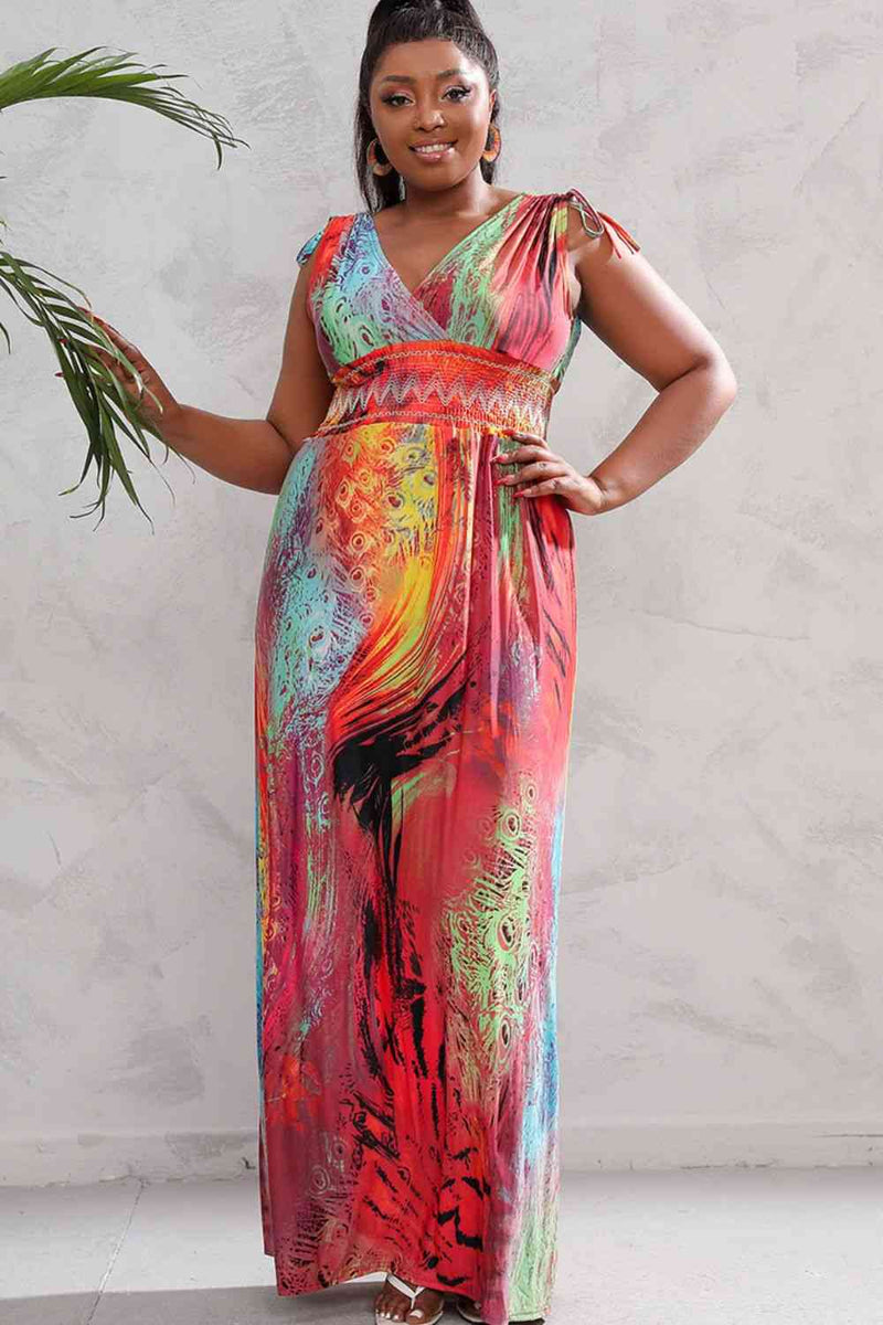 Plus Size Surplice Neck Smocked Waist Maxi Dress - AnnieMae21