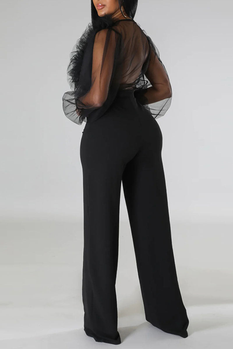 Solid Patchwork See-through Stringy Selvedge V Neck Straight Jumpsuits - AnnieMae21