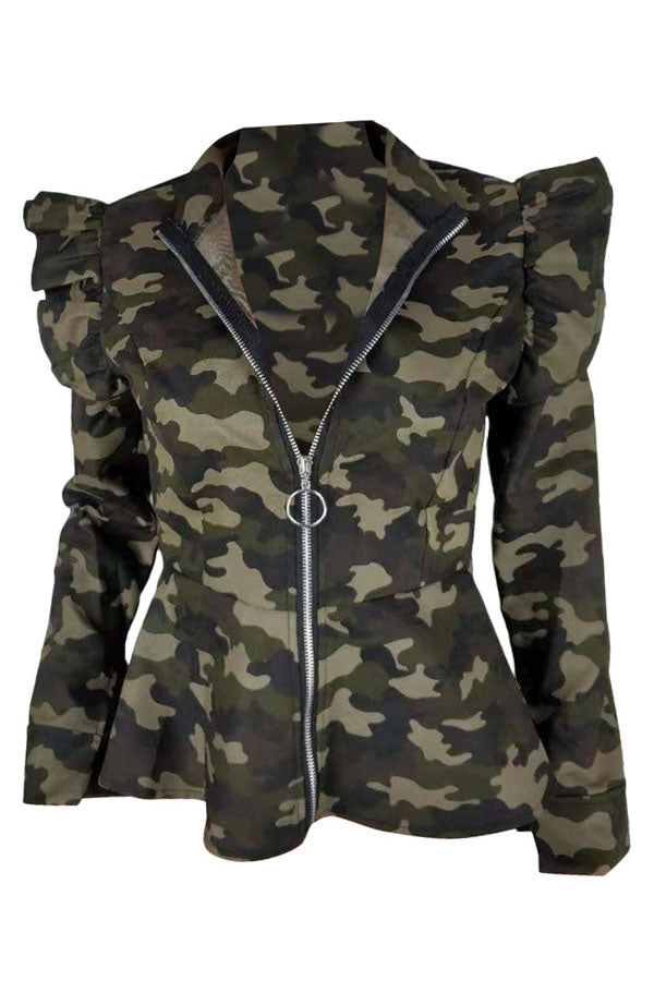 Green Casual Camouflage Printed Jacket