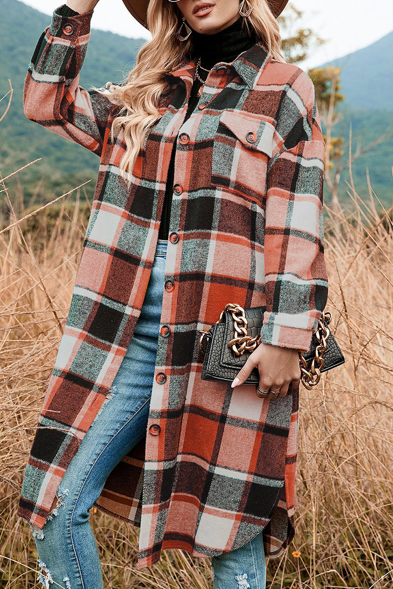 Casual Plaid Patchwork Pocket Buckle Turndown Collar Outerwear