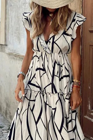 Geometric Printing Stringy Selvedge V Neck Irregular Dress Dresses - AnnieMae21