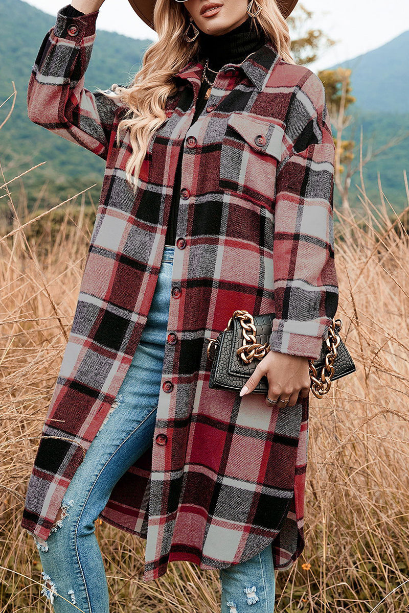 Casual Plaid Patchwork Pocket Buckle Turndown Collar Outerwear