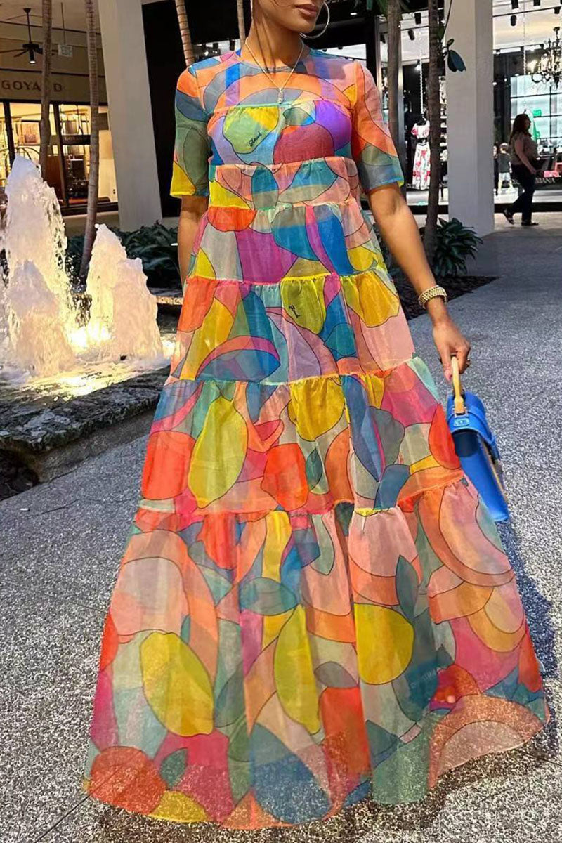 Casual Print Patchwork O Neck Straight Dresses - AnnieMae21