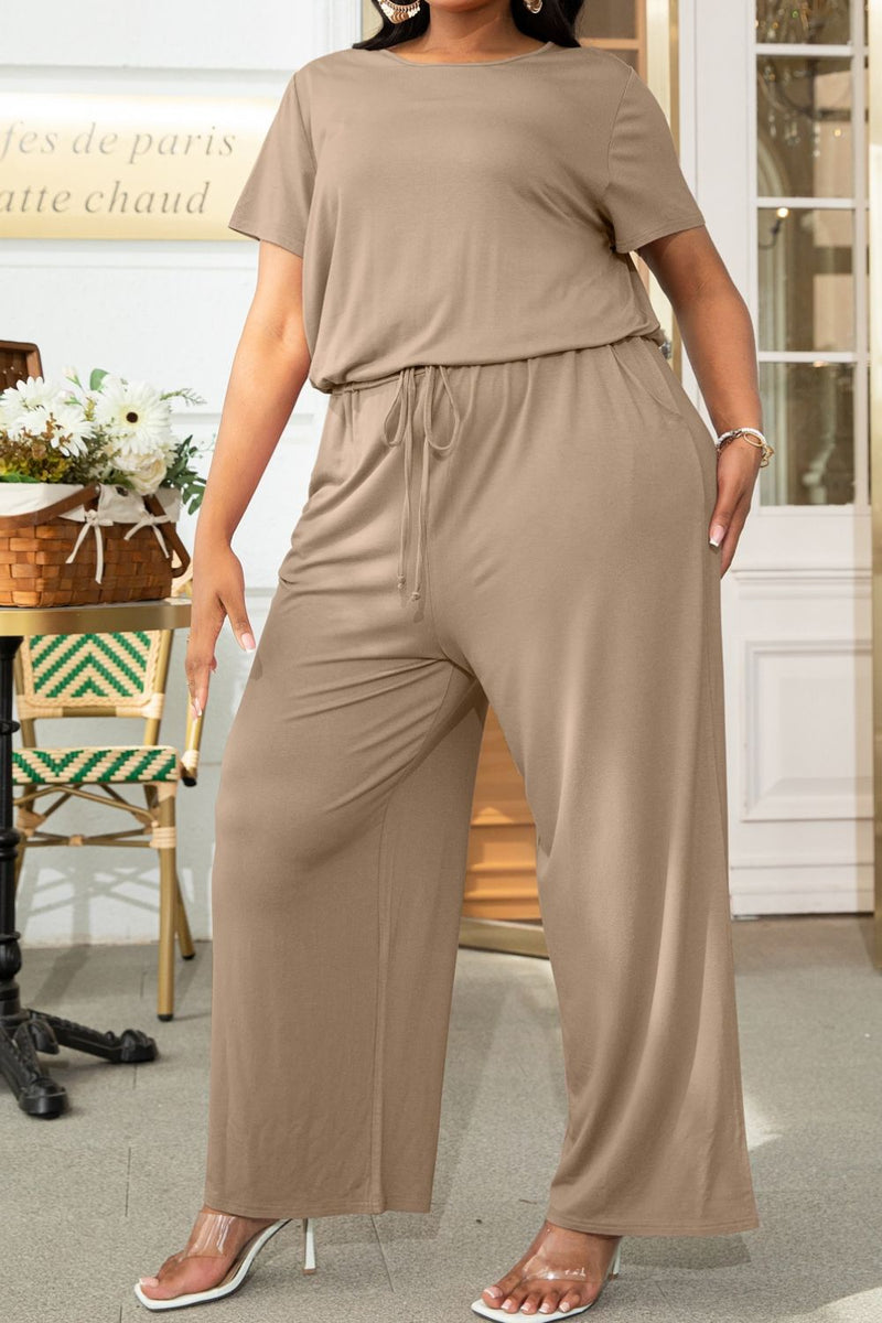 Plus Size Drawstring Waist Short Sleeve Jumpsuit - AnnieMae21