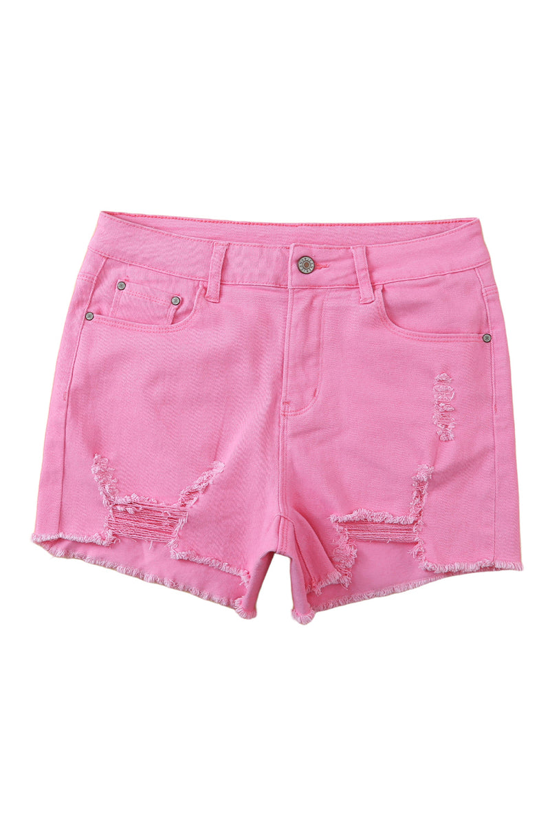 White Solid Color Distressed Denim Shorts