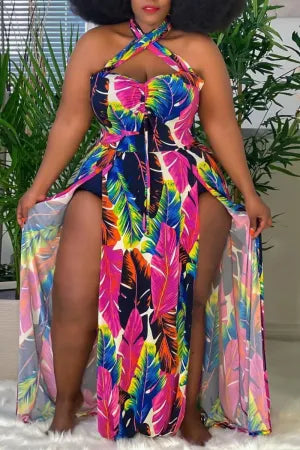 Yellow Sexy Print Hollowed Out Backless Slit Halter Plus Size Two Pieces - AnnieMae21