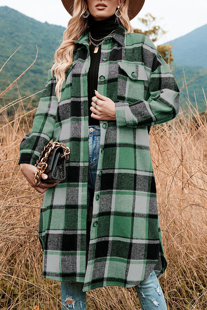 Casual Plaid Patchwork Pocket Buckle Turndown Collar Outerwear