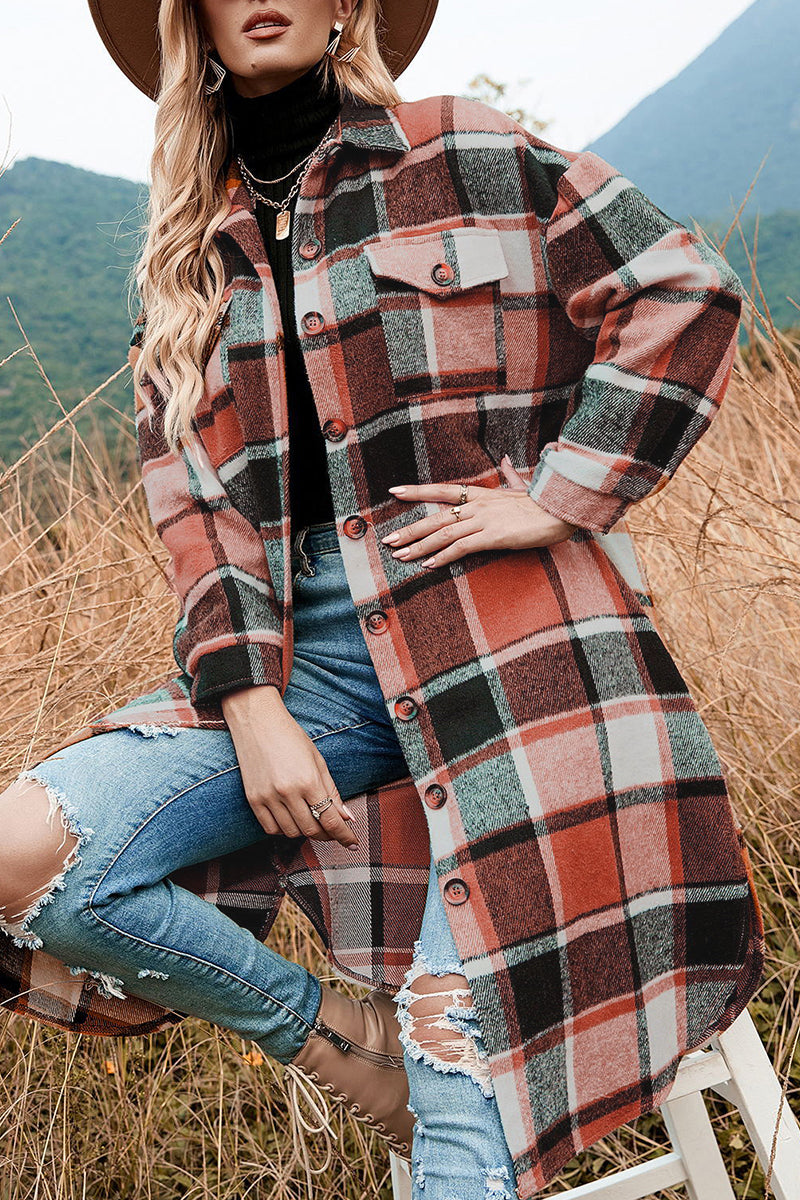 Casual Plaid Patchwork Pocket Buckle Turndown Collar Outerwear