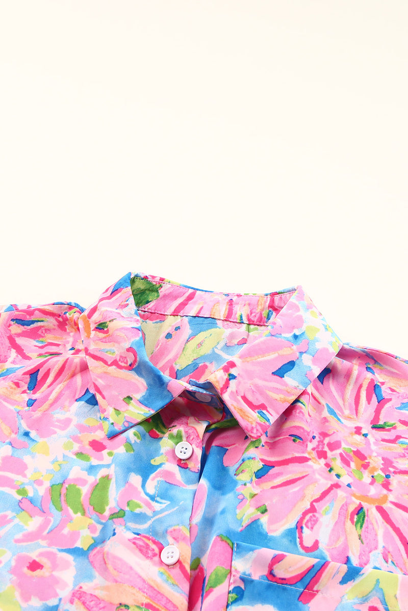 Pink Abstract Floral Print Notch V Neck Rolled Short Sleeve Blouse