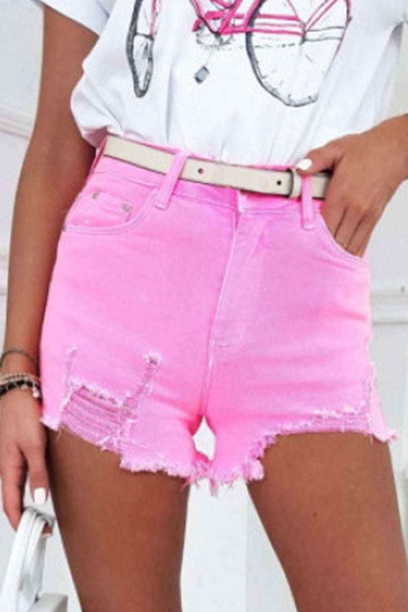 White Solid Color Distressed Denim Shorts