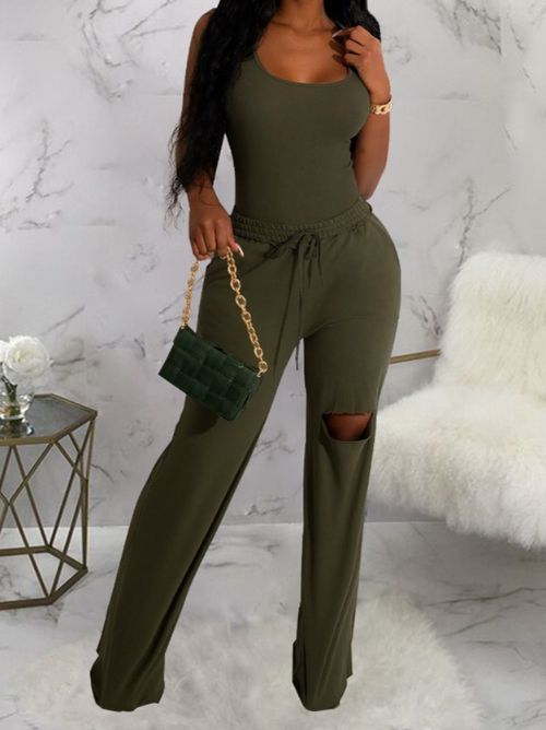 Scoop Neck and Distressed jumpsuit Wide Leg Pant. 2pc set.