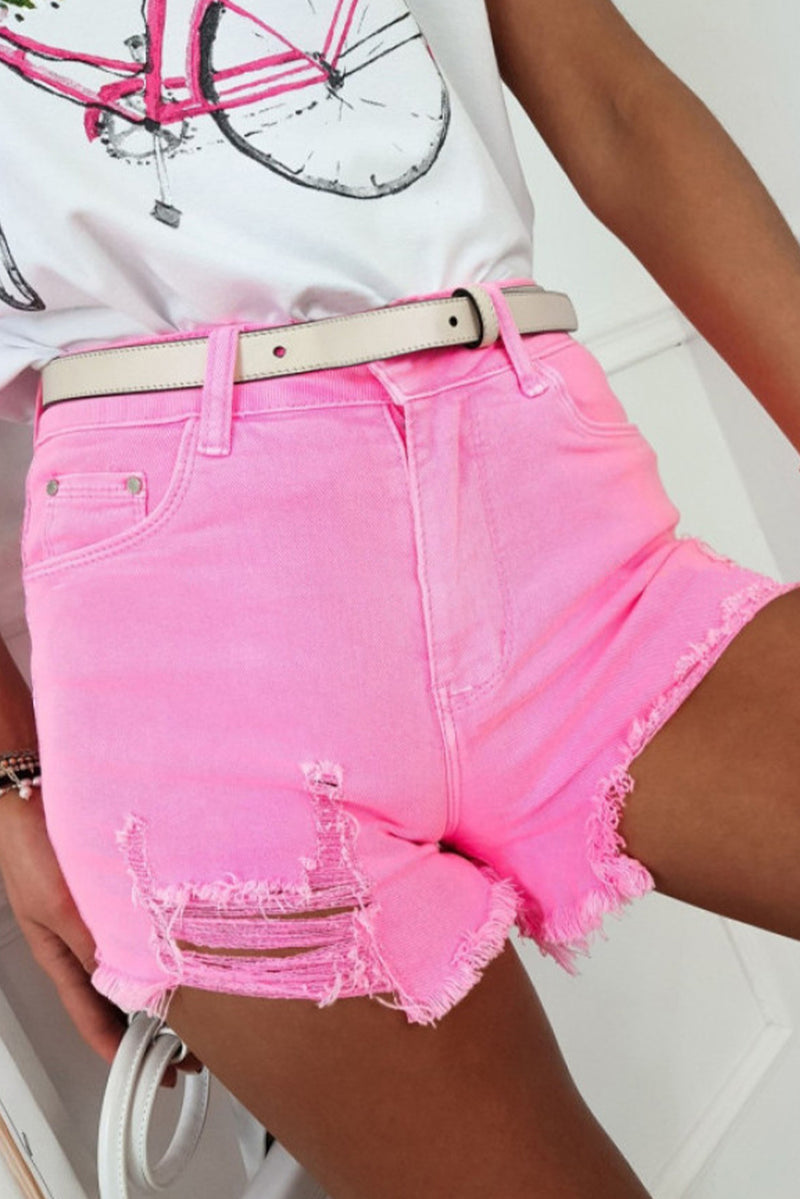 White Solid Color Distressed Denim Shorts