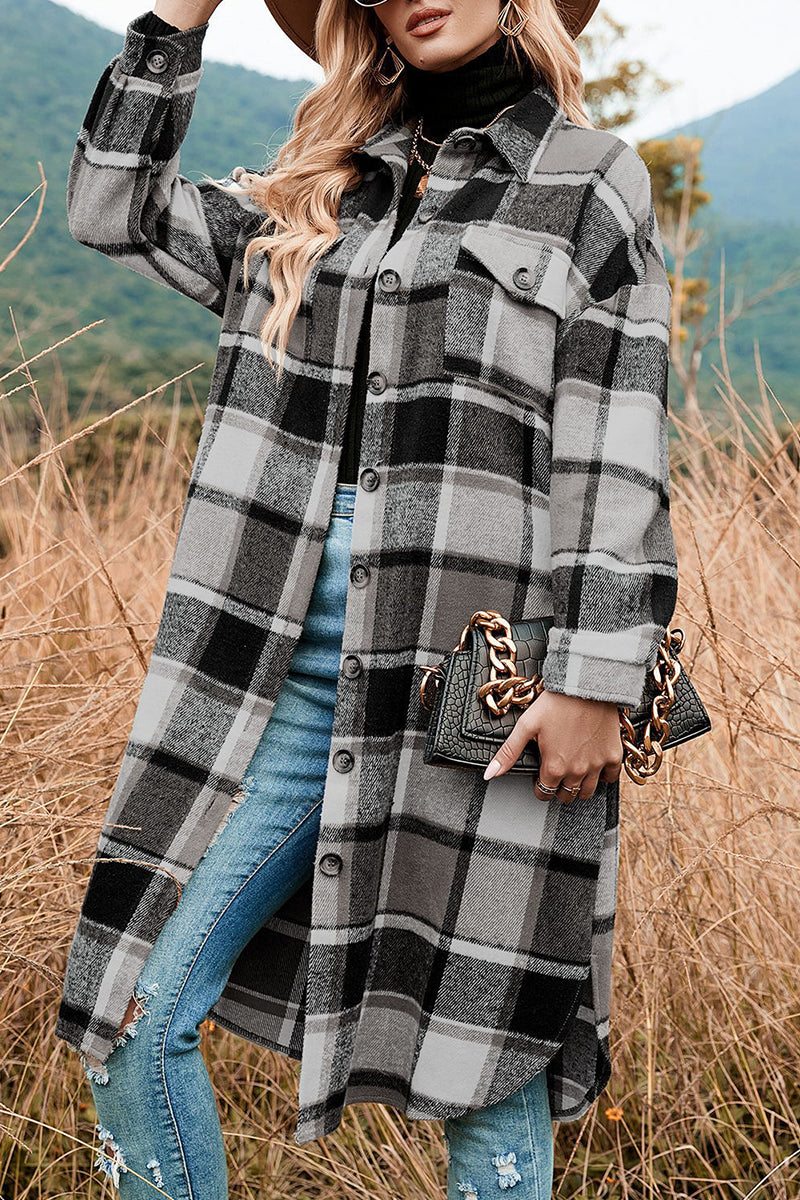 Casual Plaid Patchwork Pocket Buckle Turndown Collar Outerwear