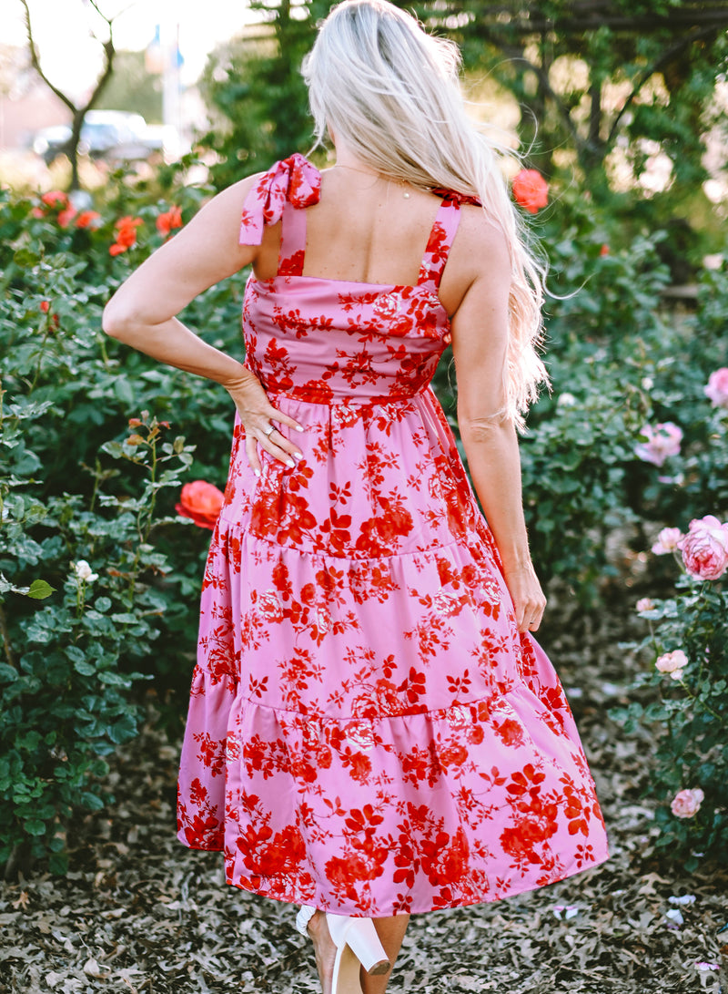 Pink Tie Shoulder Straps Tiered Floral Dress