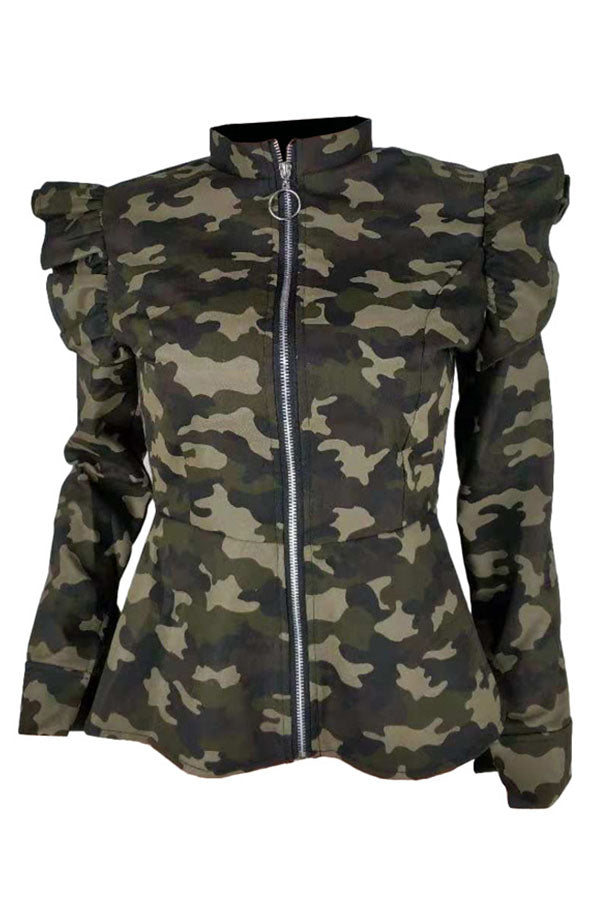 Green Casual Camouflage Printed Jacket