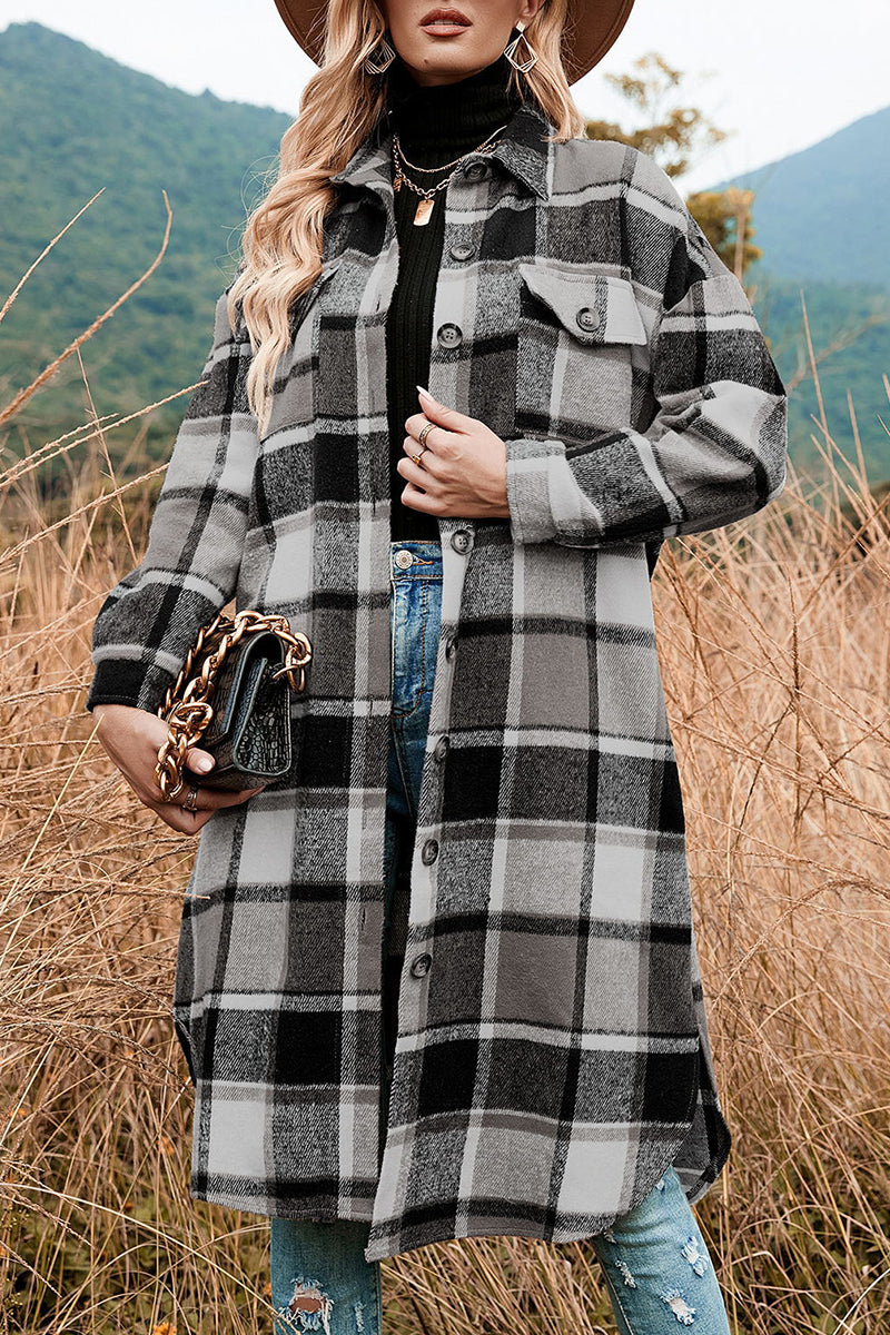 Casual Plaid Patchwork Pocket Buckle Turndown Collar Outerwear