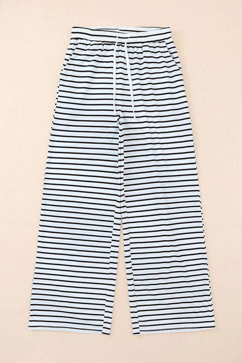 White Drawstring Striped Wide Leg Pants