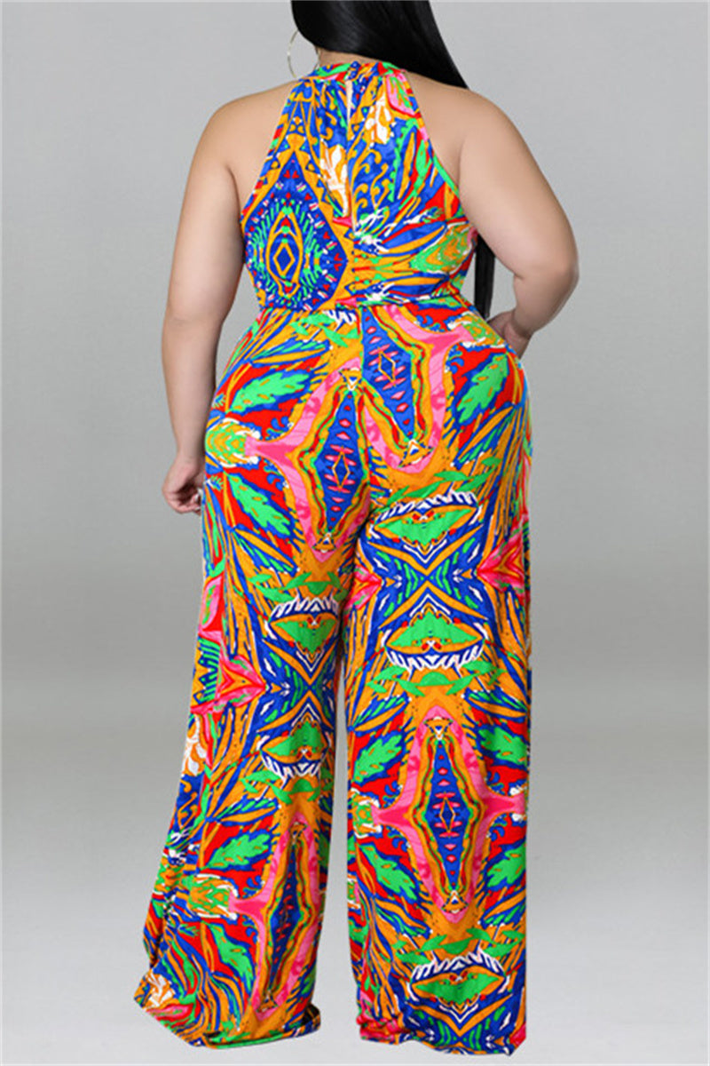 Print With Belt O Neck Plus Size Jumpsuits - AnnieMae21