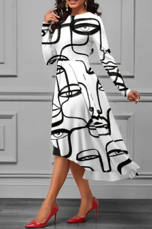 White Casual Print Patchwork O Neck Long Sleeve Dresses - AnnieMae21