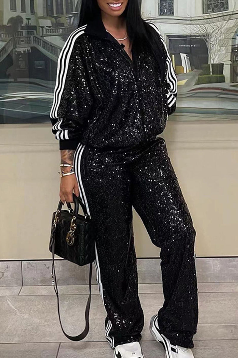 Casual Solid Sequins Patchwork Zipper Turndown Collar Long Sleeve Two Pieces