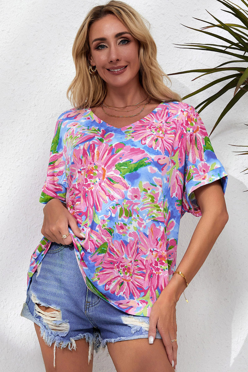 Pink Abstract Floral Print Notch V Neck Rolled Short Sleeve Blouse