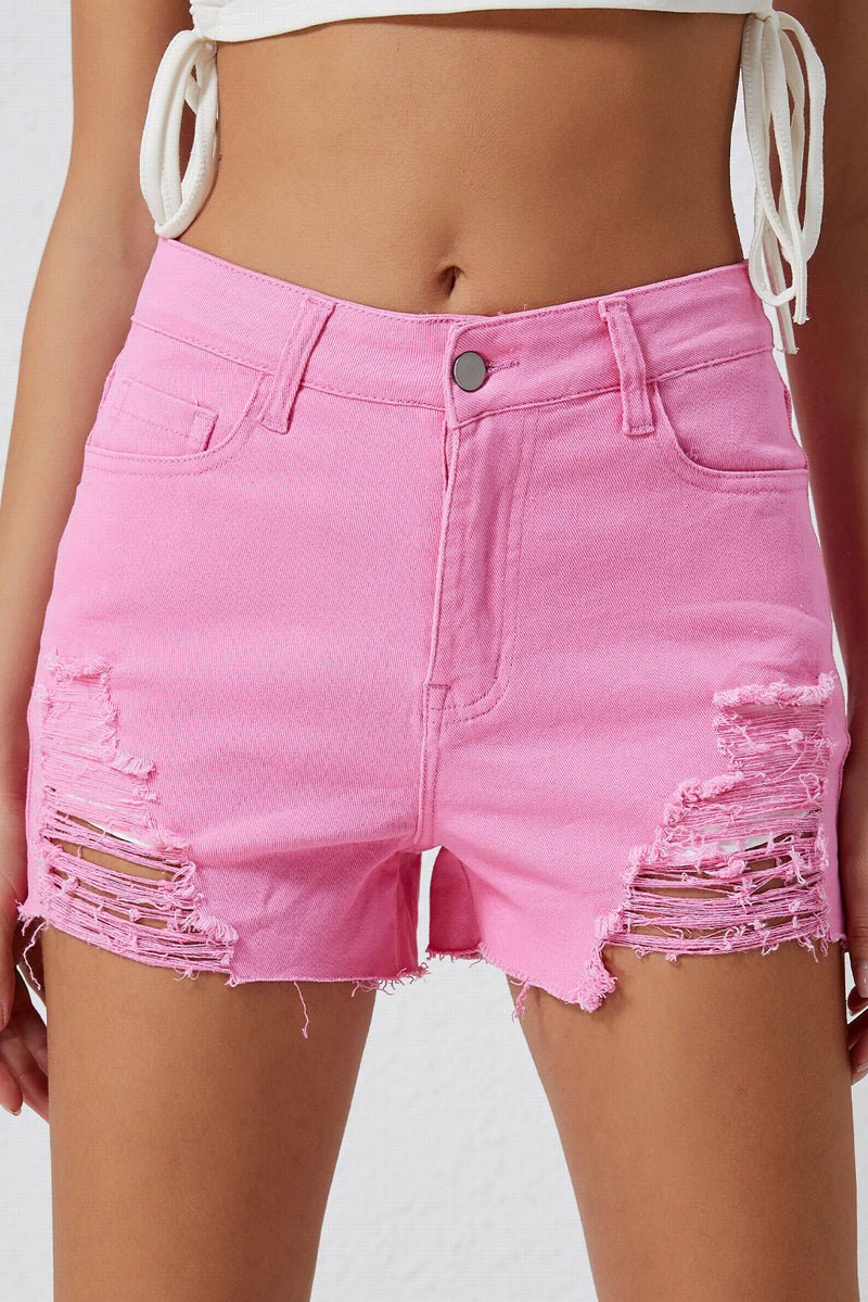 White Solid Color Distressed Denim Shorts