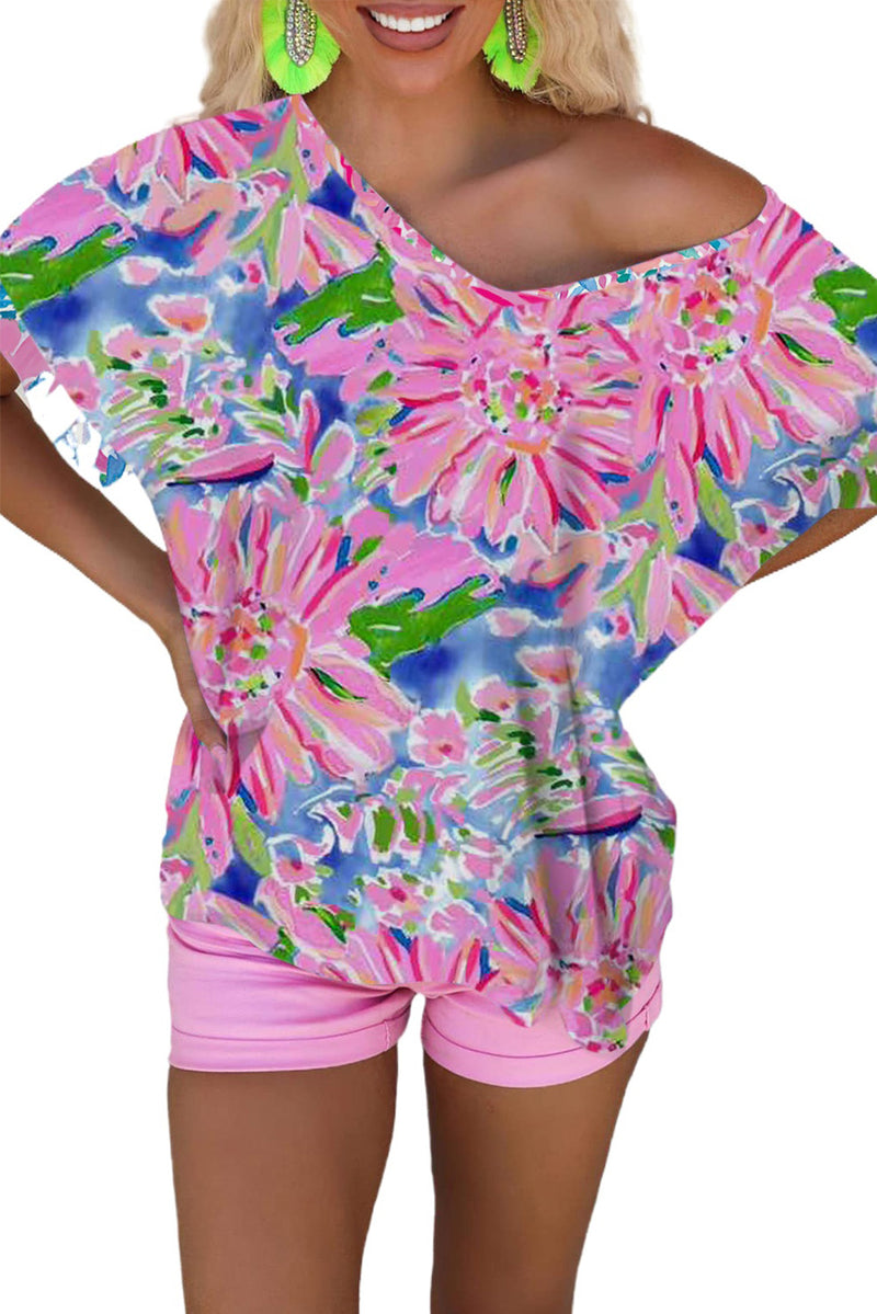 Pink Abstract Floral Print Notch V Neck Rolled Short Sleeve Blouse