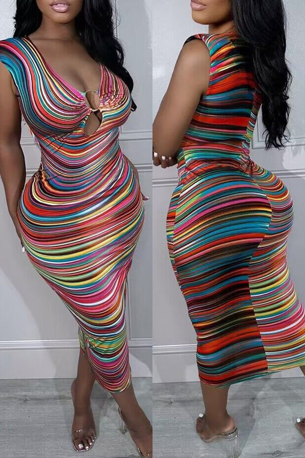 Color Sexy Striped Print Hollowed Out V Neck Long Dress Dresses - AnnieMae21