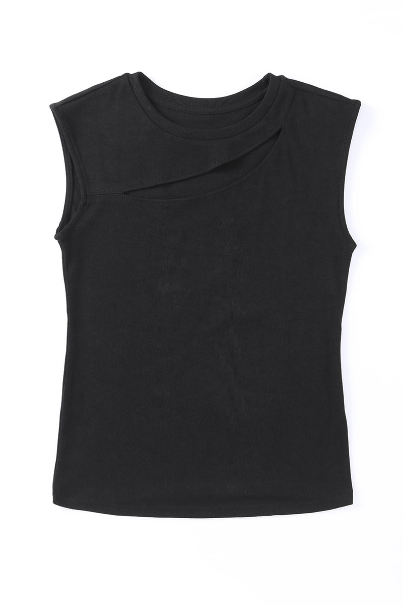 Black Slash Cutout Cap Sleeve T Shirt - AnnieMae21