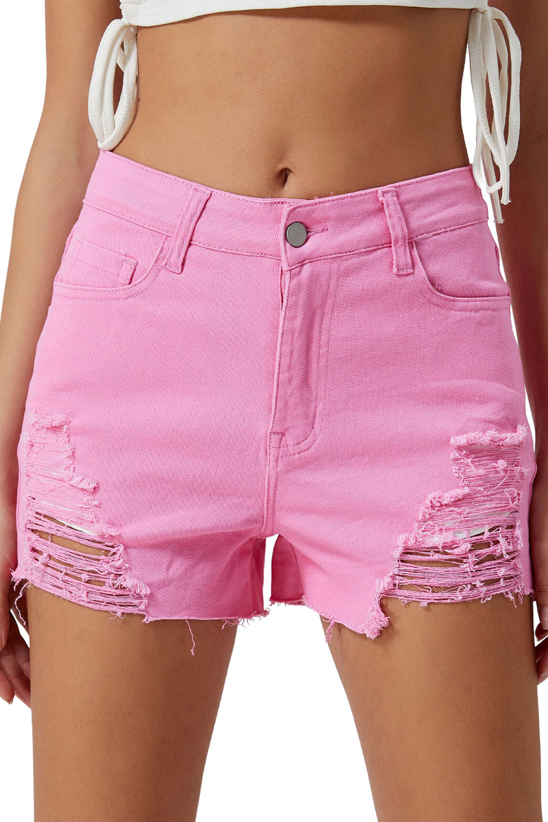 White Solid Color Distressed Denim Shorts