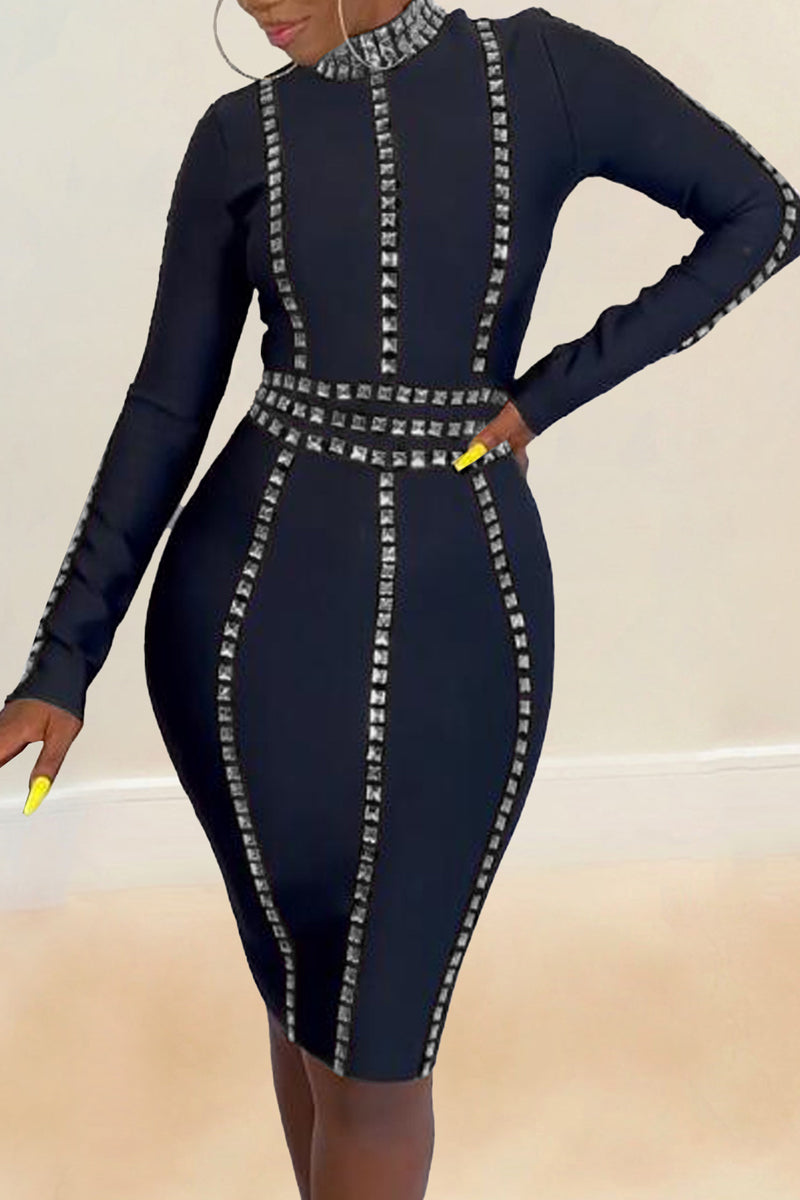 Black Party Elegant Formal Hot Drilling Hot Drill Mandarin Collar Sheath Dresses - AnnieMae21