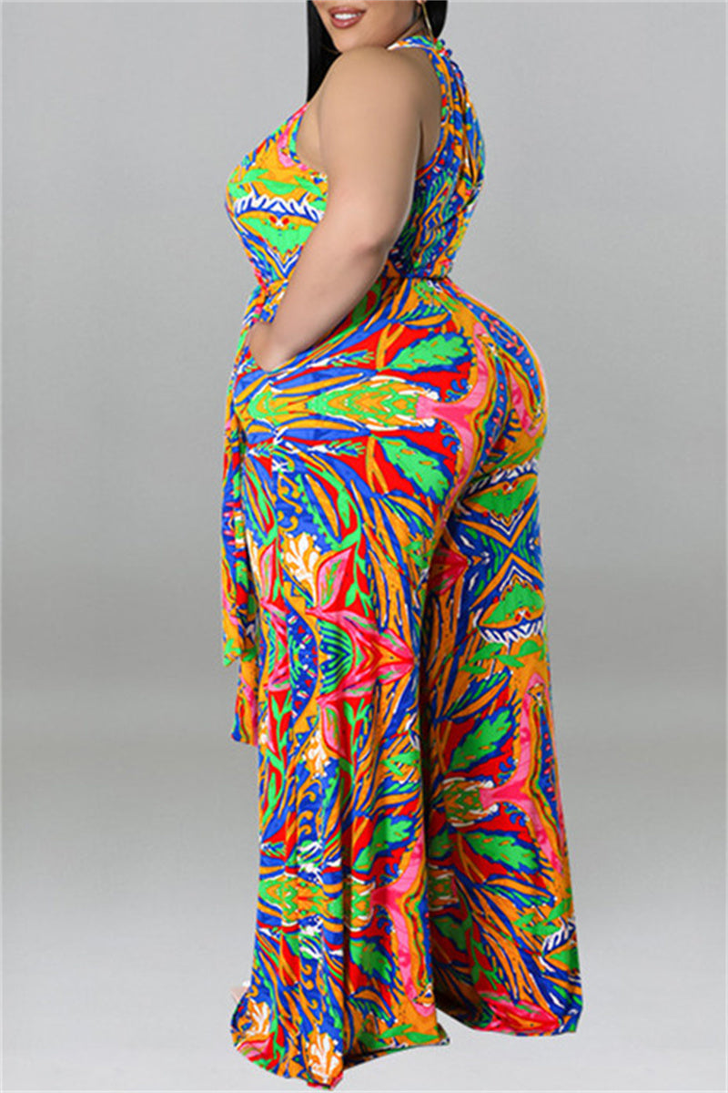 Print With Belt O Neck Plus Size Jumpsuits - AnnieMae21