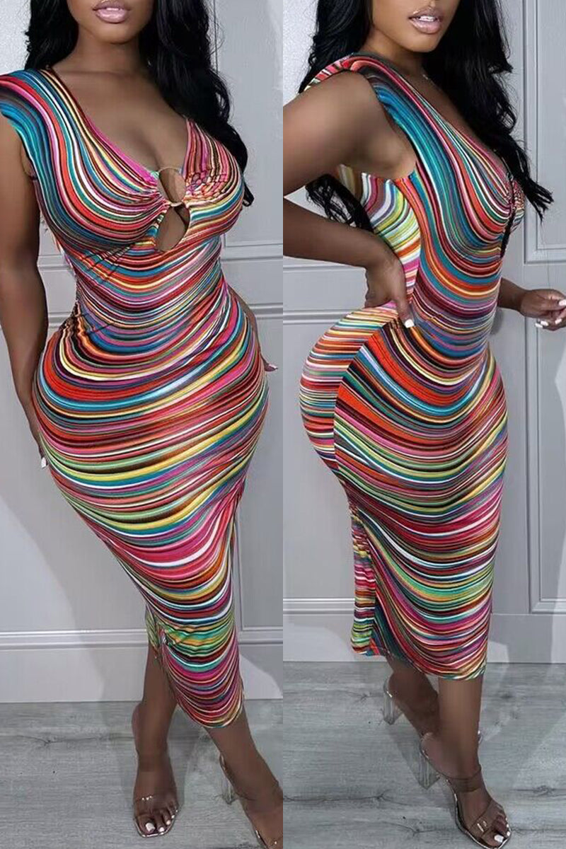 Color Sexy Striped Print Hollowed Out V Neck Long Dress Dresses - AnnieMae21