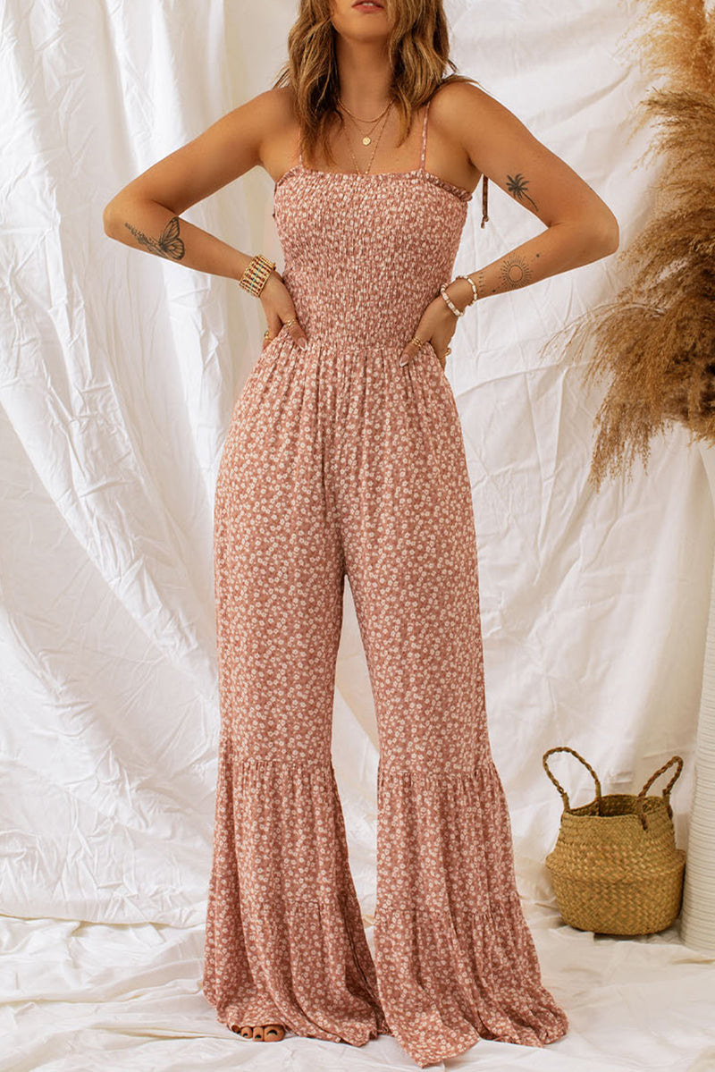 Black Khaki Thin Straps Smocked Bodice Wide Leg Floral Jumpsuit