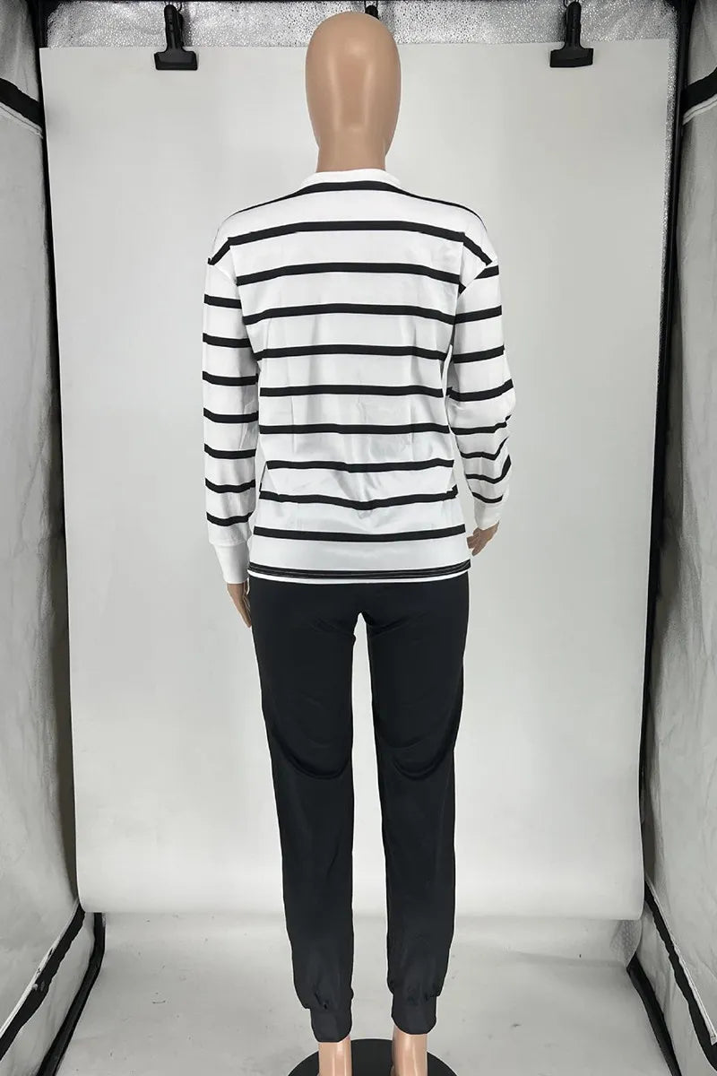 Black Casual Striped Patchwork Draw String Pocket V Neck Long Sleeve Two Pieces