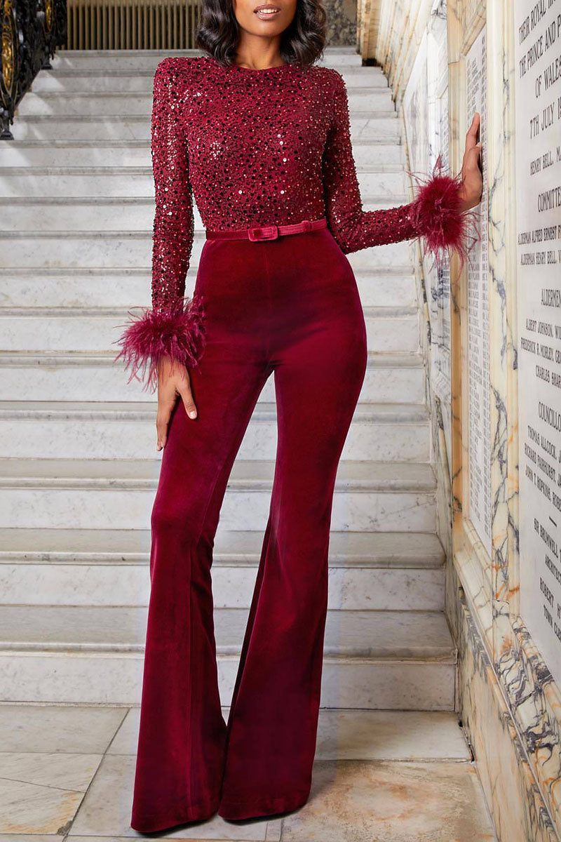 Sexy Solid Patchwork Feathers Beading O Neck Straight Jumpsuits