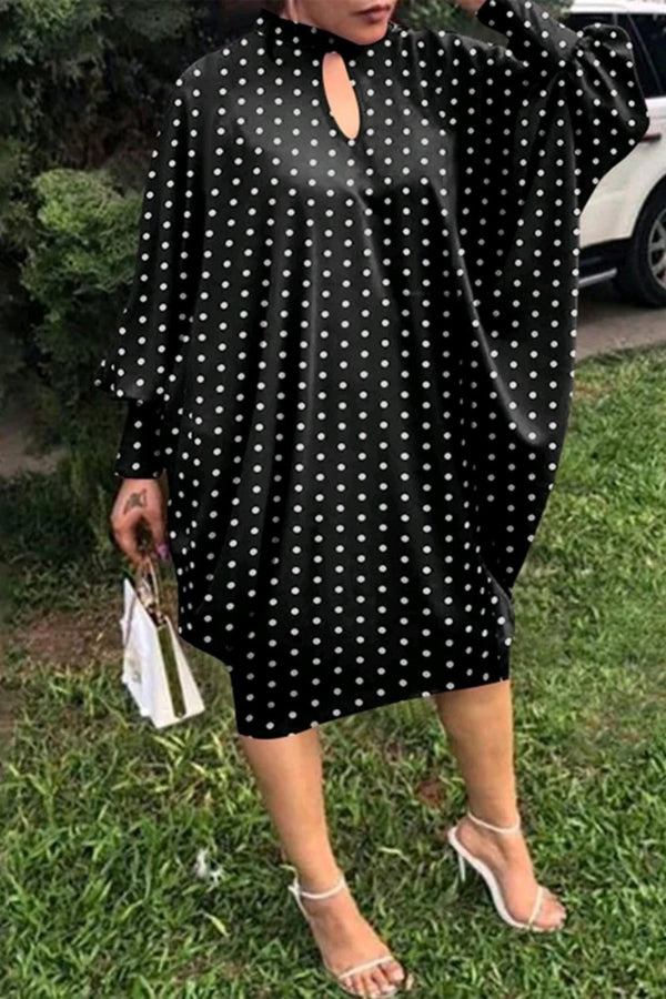 Black Casual Dot Print Hollowed Out Half A Turtleneck Long Sleeve Plus Size Dresses - AnnieMae21